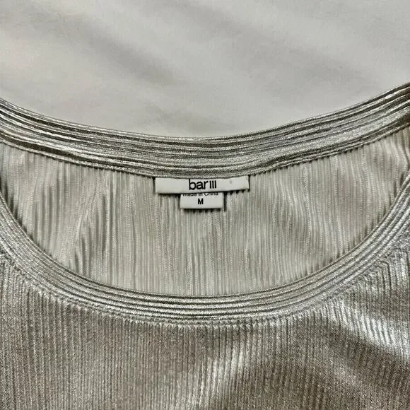 Bar III Metallic Ribbed Textured Top Silver Women’s Medium Scoop Neck Shimmer - Picture 12 of 16